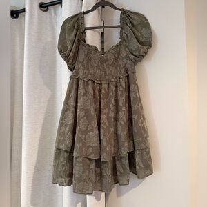 Muted Olive Green Floral Puff Sleeve layered Dress
